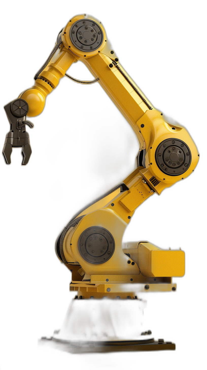 yellow industrial robot arm on black background, side view, glowing light effect, high resolution photography, insanely detailed, fine details, isolated plain, stock photo color grading, professional color grading, hyper realistic photography, volumetric lighting