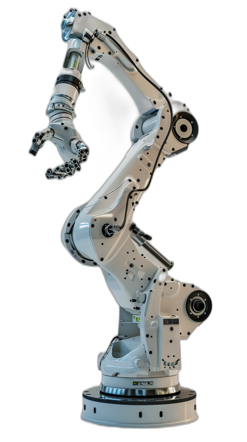 Photo of an industrial robot arm in white color on a black background, at a high resolution. The robot arm is depicted in the style of an industrial robot with a white color on a black background and at a high level of detail.