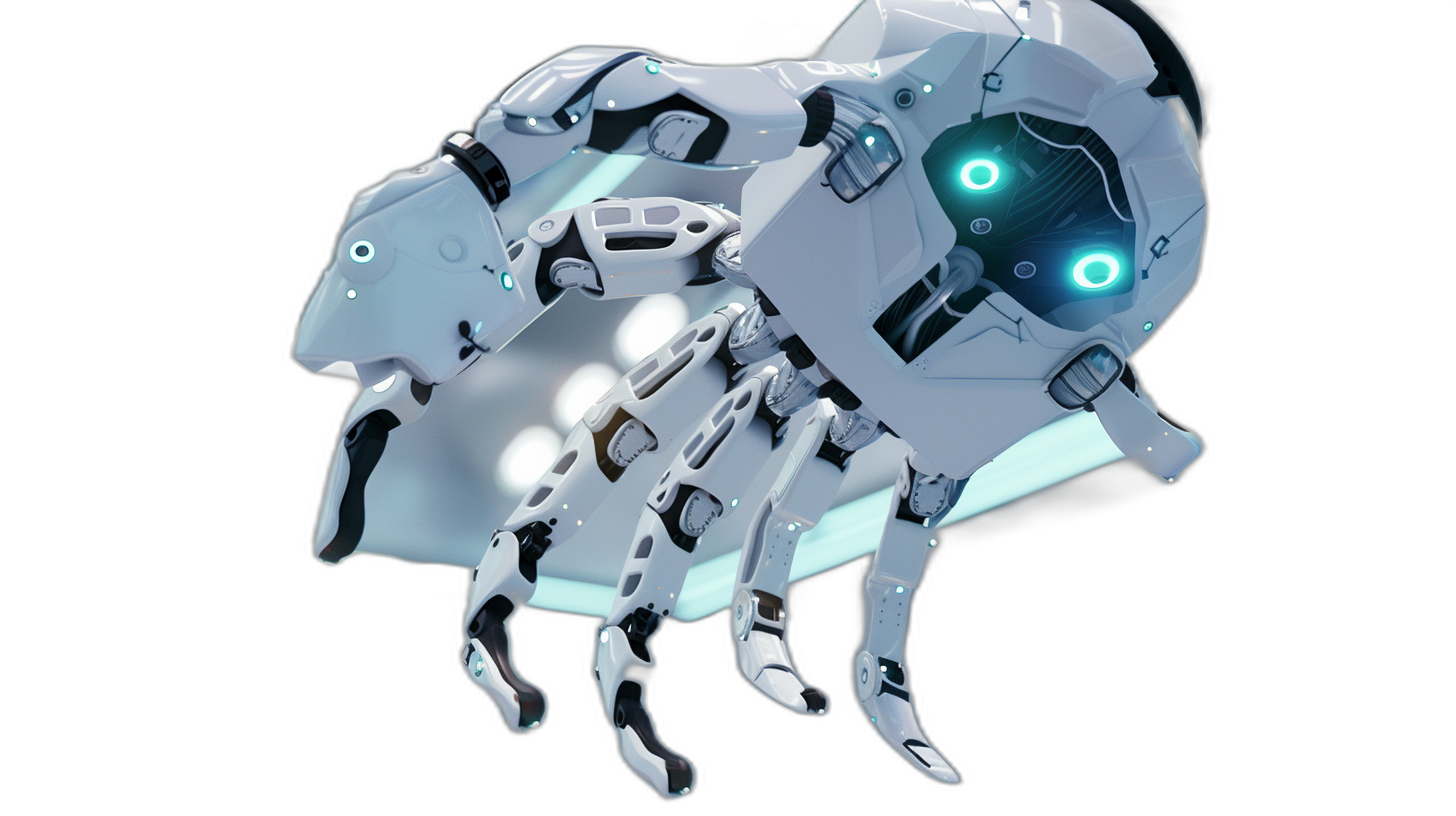 3D render of a white robot spider with glowing blue eyes, floating in a black background with an isometric view. It has a minimalistic design with translucent elements and is in the style of cyberpunk with white and light cyan colors.