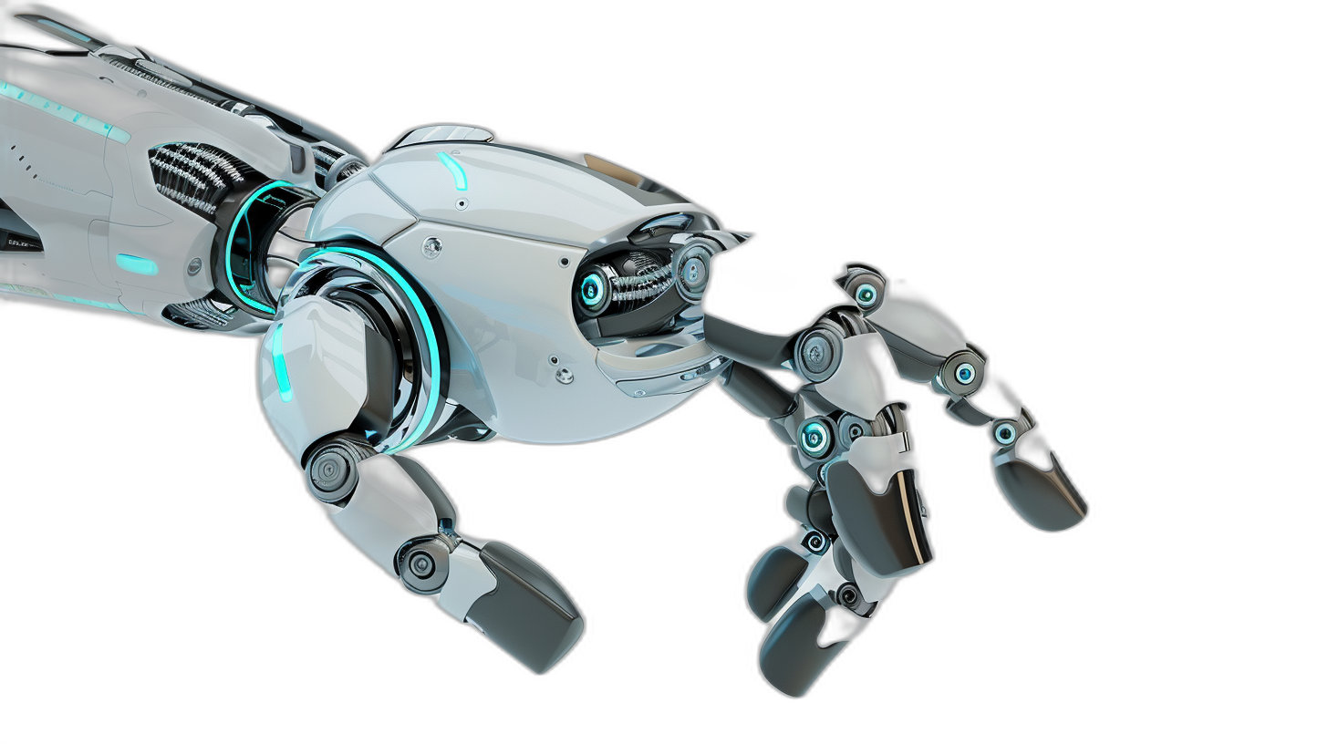 3d render of robot hand on black background, futuristic design with light grey and teal color details, side view, ultra realistic