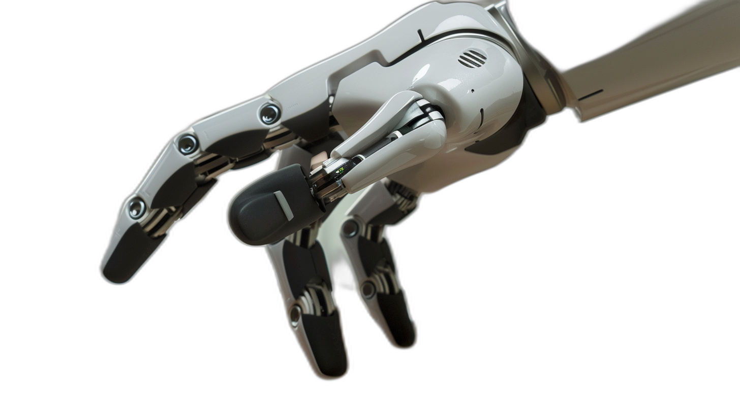 close up of white robot hand reaching out to grab something, isolated on black background, 3d render