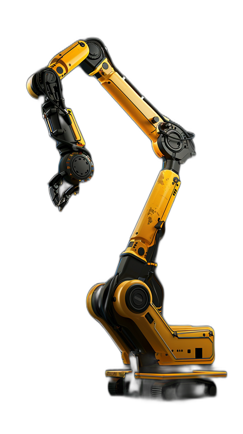 A yellow and black industrial robot arm is on the right side of the screen against a solid dark background. The photorealistic image has high resolution, details and sharpness, appearing hyper realistic and hyper detailed. Volumetric light illuminates the robot arm, which is isolated on a white background. The image is in the style of hyper realistic photography.