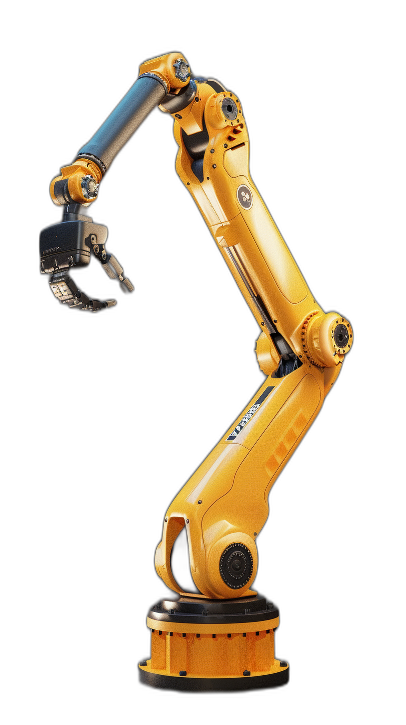 yellow and blue robotic arm on black background, high resolution digital photography in the style of [Wes Anderson](https://goo.gl/search?artist%20Wes%20Anderson), isolated object, photorealistic, industrial design, industrial robot arms with mechanical tools, dark yellow color palette, side view, full body shot, isolated on white background, product photo, professional studio lighting, ultra sharp focus, shallow depth of field, highly detailed, hyper realistic