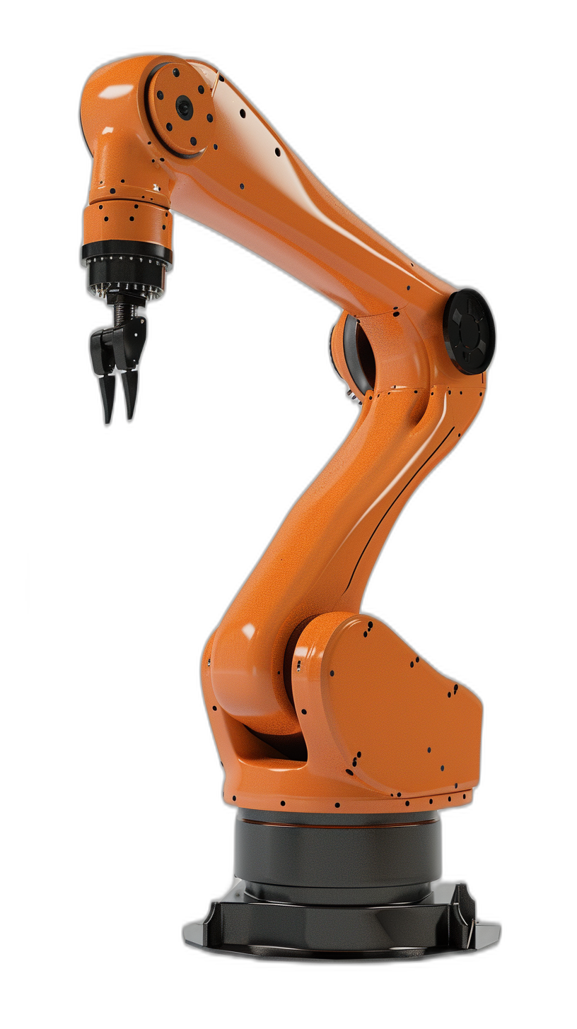 A side view of an orange industrial robot arm on black background, isolated with clipping path and shadow