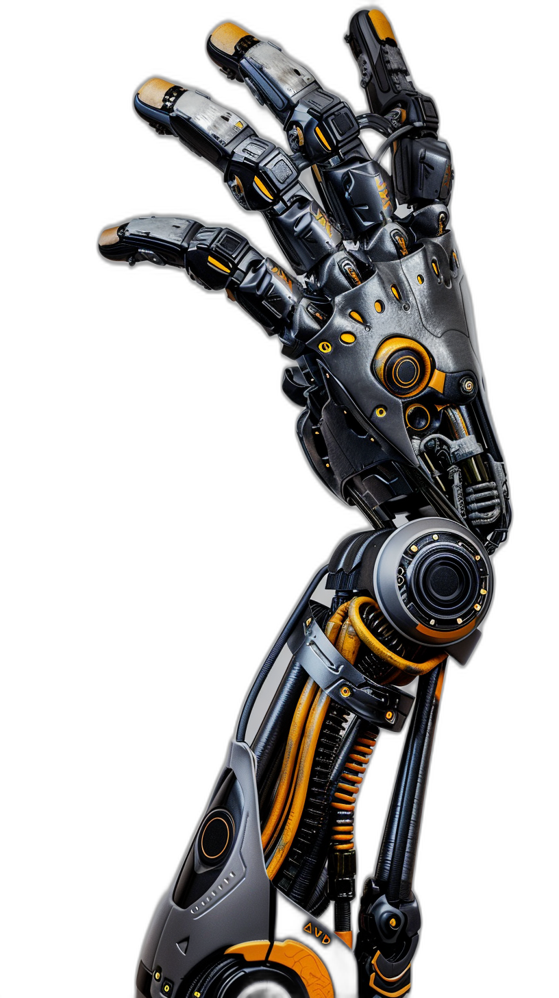 A robotic arm with an open hand, black background, orange and yellow accents on the metal parts of its body, hyperrealistic details, sci-fi style, high resolution, cyberpunk theme, metallic texture, and futuristic feel. The robot’s palm is extended upwards, showing its sleek design and advanced technological features in the style of futuristic sci-fi.