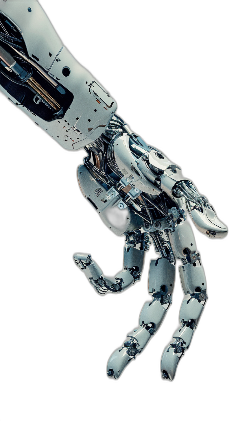 Closeup of the hand and arm of an advanced humanoid robot, on a black background, in a photorealistic, hyperrealistic style in the style of octane render.