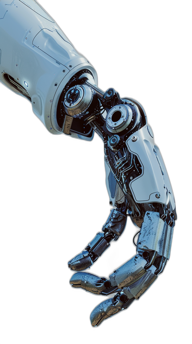 Close up of the hand and arm, of an artificial intelligence robot holding out its palm to help you, isolated on a black background, in the futuristic style, made of white metal, with high resolution and high detail, appearing hyper realistic.