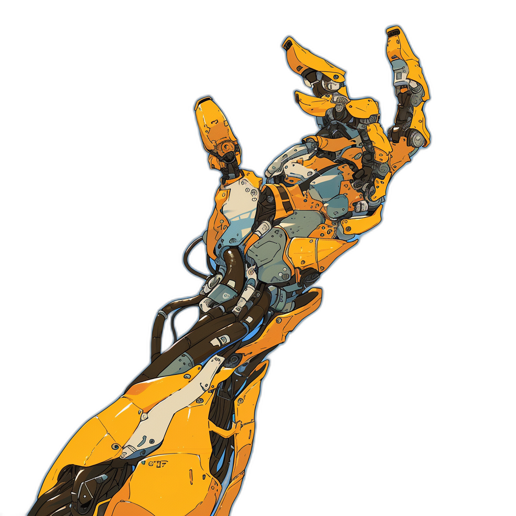 A robotic hand reaches for something in a vector illustration in the style of [Ryohei Hase](https://goo.gl/search?artist%20Ryohei%20Hase) and [Kentaro Miura](https://goo.gl/search?artist%20Kentaro%20Miura), with dark orange and yellow colors on a black background in the Berserk manga art style.