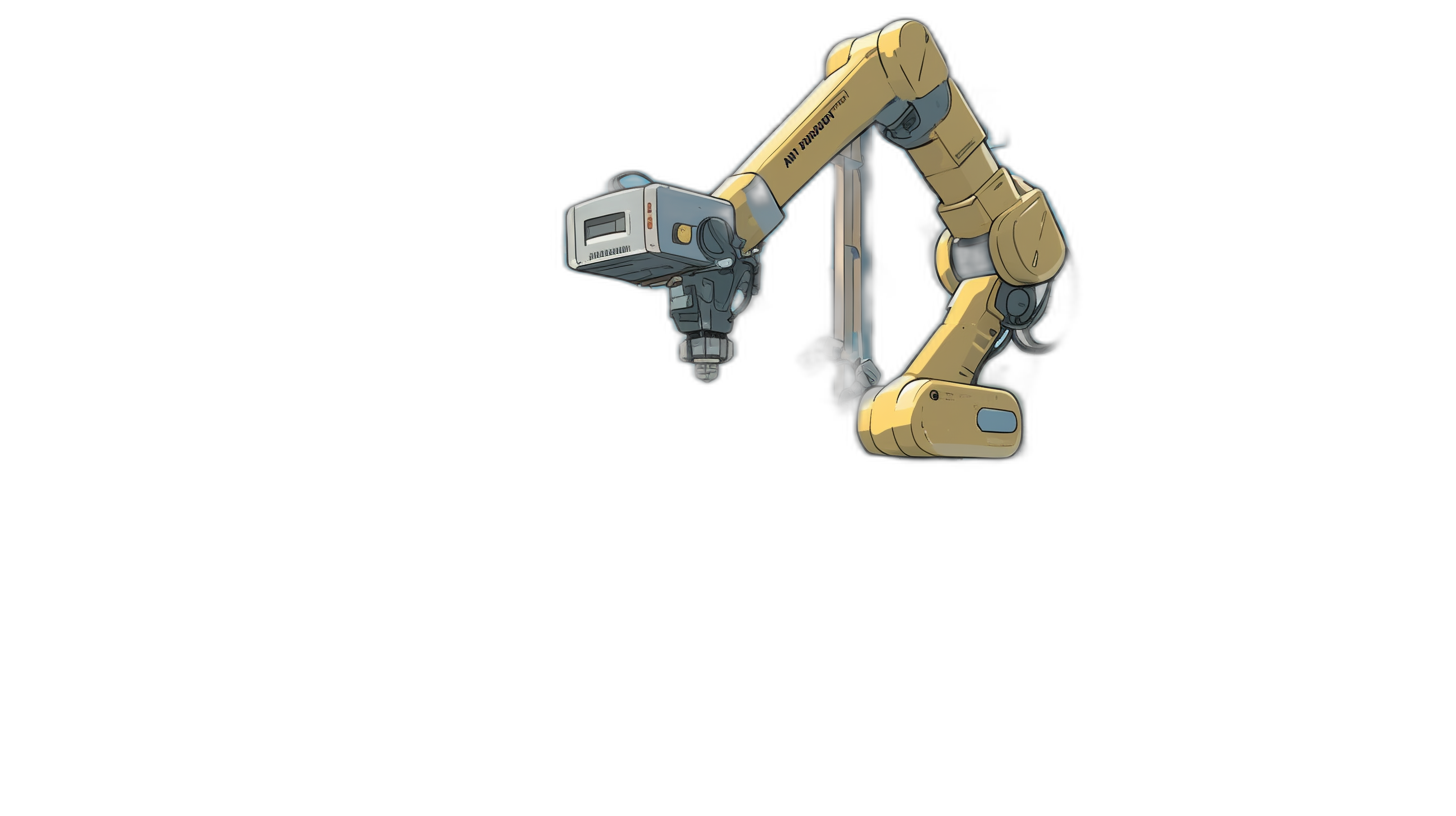 A cartoonstyle robot arm with an industrial camera attached to its end, hanging in the air against black background. The robot is yellow and has no face visible on it. There’s some white space around for text or design elements.