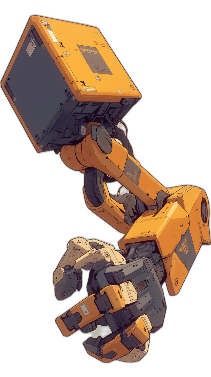 A robot arm holding an orange and black box, in the pixel art style, 2d game design with simple details, on a black background, from a low angle view, in the cyberpunk and mecha anime styles, with high resolution, high detail, and high quality.