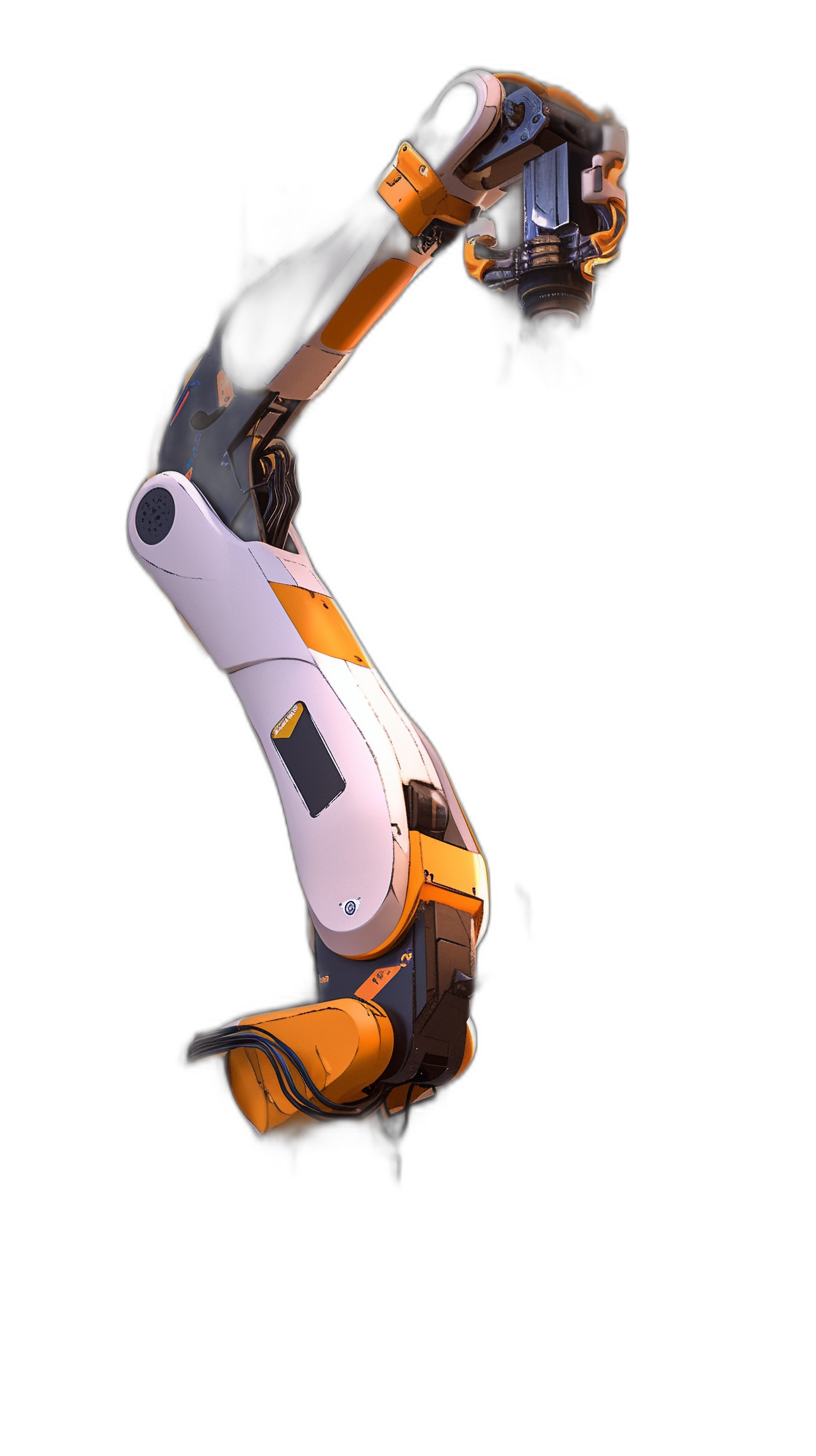 3D render of a robotic arm in the air, with an orange and white color scheme on a black background, in the style of Pixar.