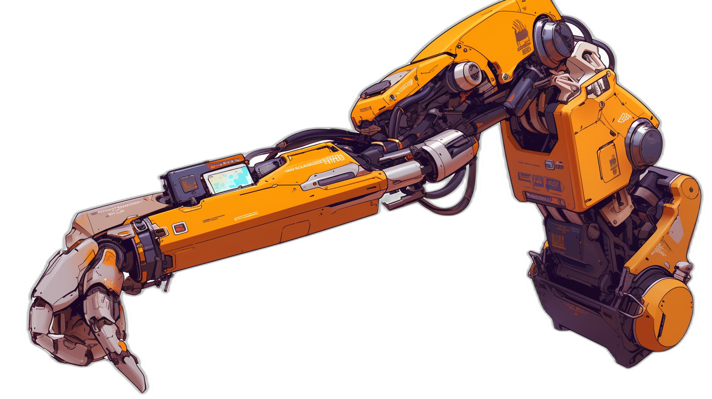 A robot arm with an orange body and black background, concept art in the style of [Moebius](https://goo.gl/search?artist%20Moebius), trending on ArtStation and Pixiv.