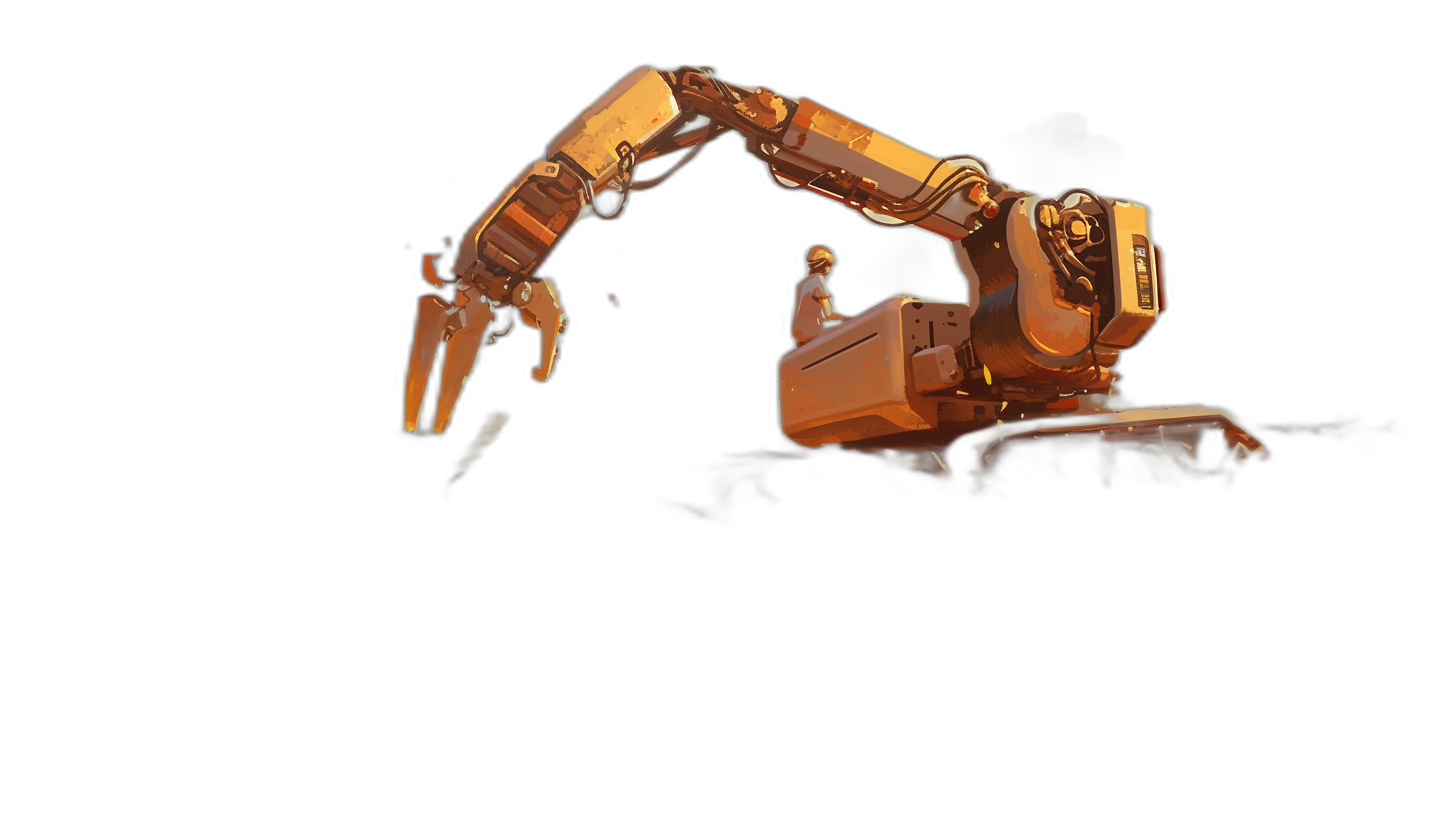 A golden robotic arm is operating an excavator on the dark background, illuminated by orange light, in the style of Pixar. It features a simple illustration with black backgrounds and high details. The robot’s face can be seen through its window. There should not be any other elements such as people or buildings around it. This design will focus on the gold construction machine, with a front view and a closeup shot of its head in a simple illustration style with black backgrounds and high details.