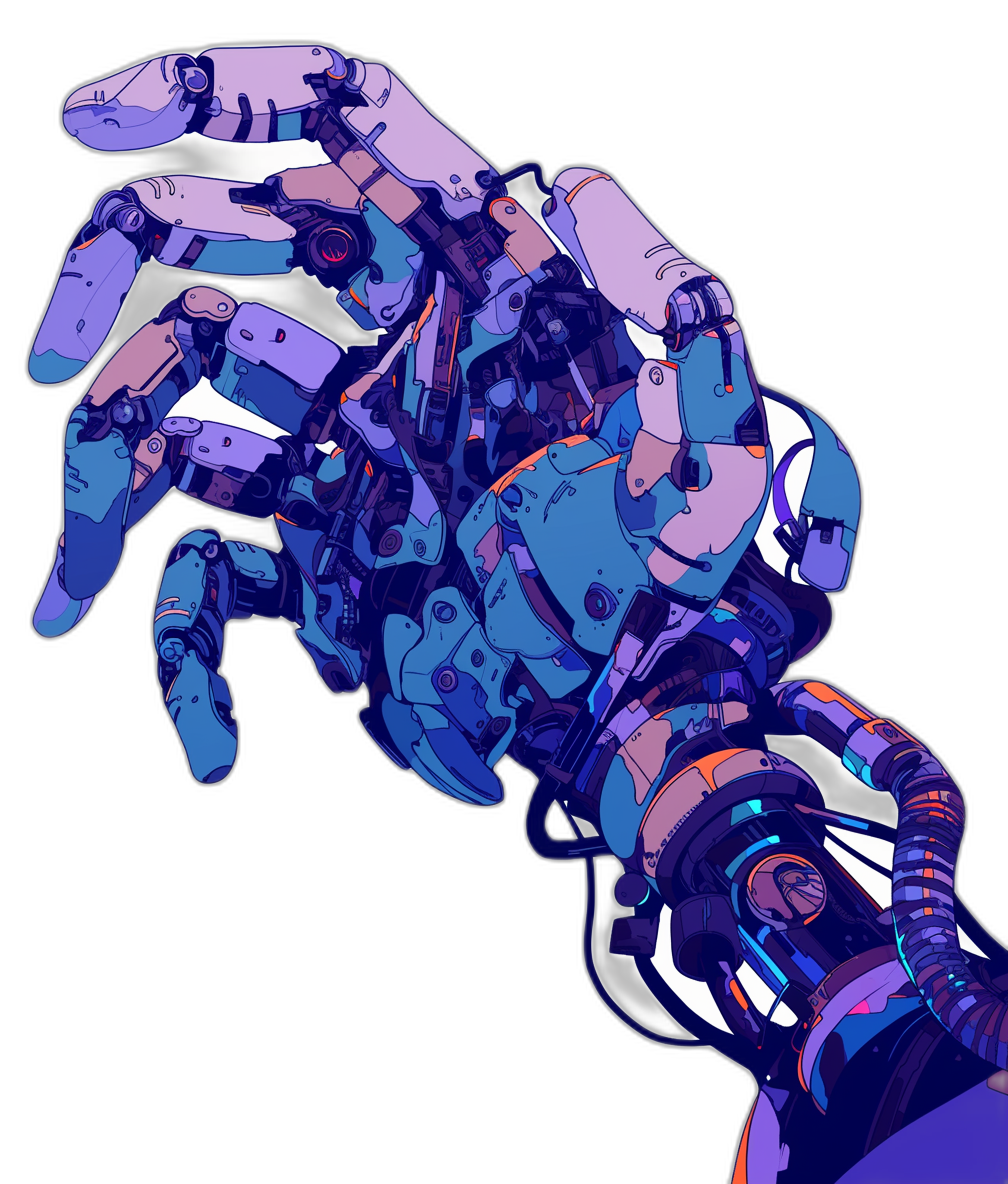 An illustration of an arm with the hand in the style of robot, purple and blue colors, black background, cyberpunk artstyle, high contrast