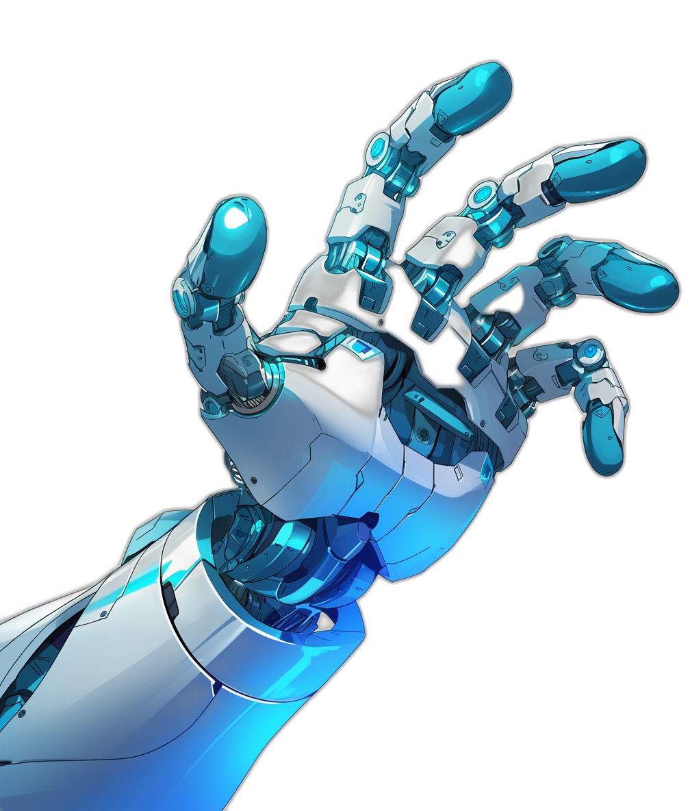 3D render of a blue and white robot hand reaching out, isolated on a black background, with a futuristic design including chrome elements, at a high resolution, in a hyper realistic style.