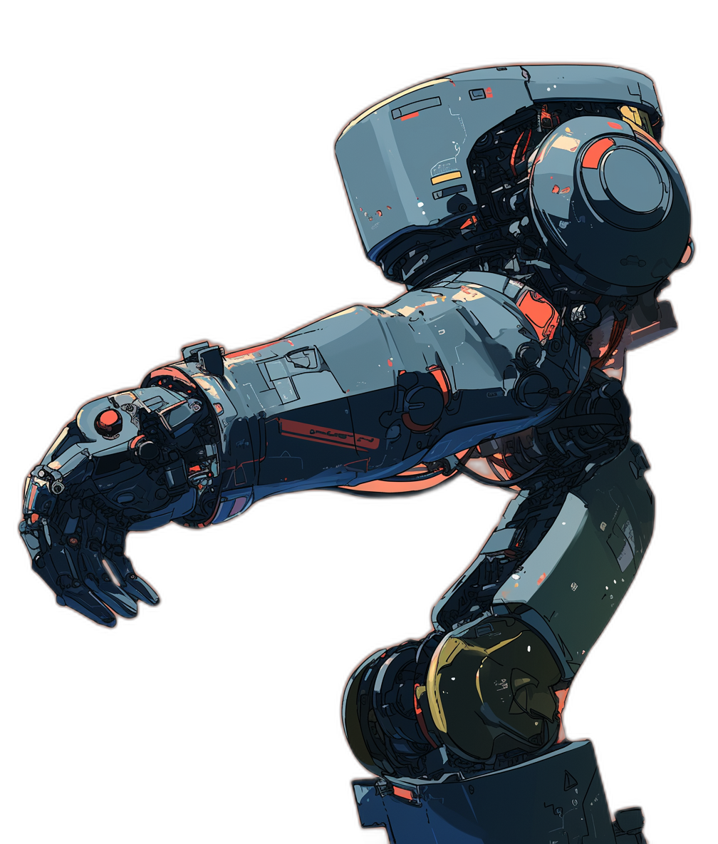 Side view of an arm in the style of mecha anime, high resolution vector art on a dark background with high contrast in a dynamic pose showing a full body shot with detailed textures in a cyberpunk design style.