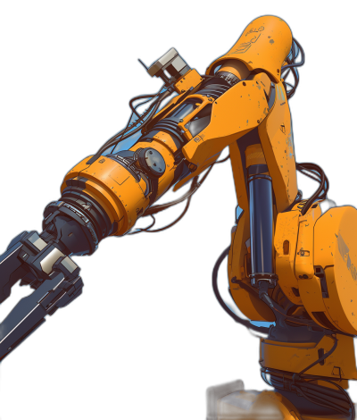 A robotic arm with an orange body and black background, in the cyberpunk style, 3D rendering, high resolution, rich details, full of technological atmosphere, robotic hand holding tools, side view. The robot is depicted in closeup, with its head tilted slightly upwards.