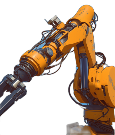 3/4 view of a cyberpunk robotic arm in orange color with a black background, in the scifi style, very high quality, very realistic, detailed drawing of the robot's parts at a high resolution.