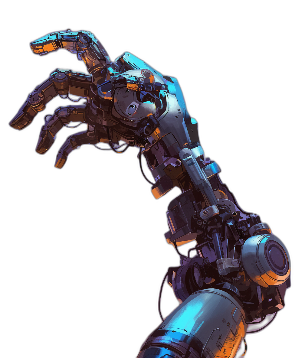 An arm of an old robot, reaching out to the screen with its hand in the style of cyberpunk, on a black background, 3D render, in the style of cartoon game art, hyper realistic, low poly.