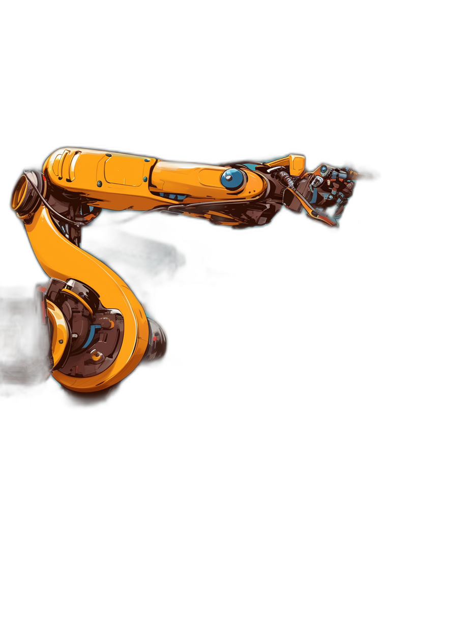 a cartoon style illustration of an orange robotic arm on black background, high contrast, high resolution, all focus, full body, wide angle shot, side view syle raw