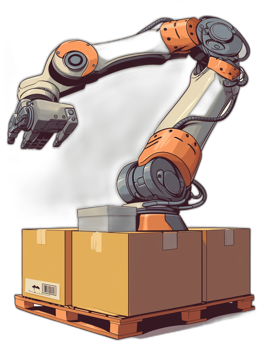 A cartoon-style robotic arm is holding and lifting an open cardboard box, on top of pallets with other boxes, against a black background. The robot’s color is orange and white, and the hand that holds the carton has no finger tips. It should have rounded edges for comfort in use. There is some smoke coming out from under its feet to symbolize motion or energy. T-shirt design graphic, vector, contour, flat black background. No mockup effect. Isolated on pastel background. The robotic arm is depicted in the style of a cartoon.