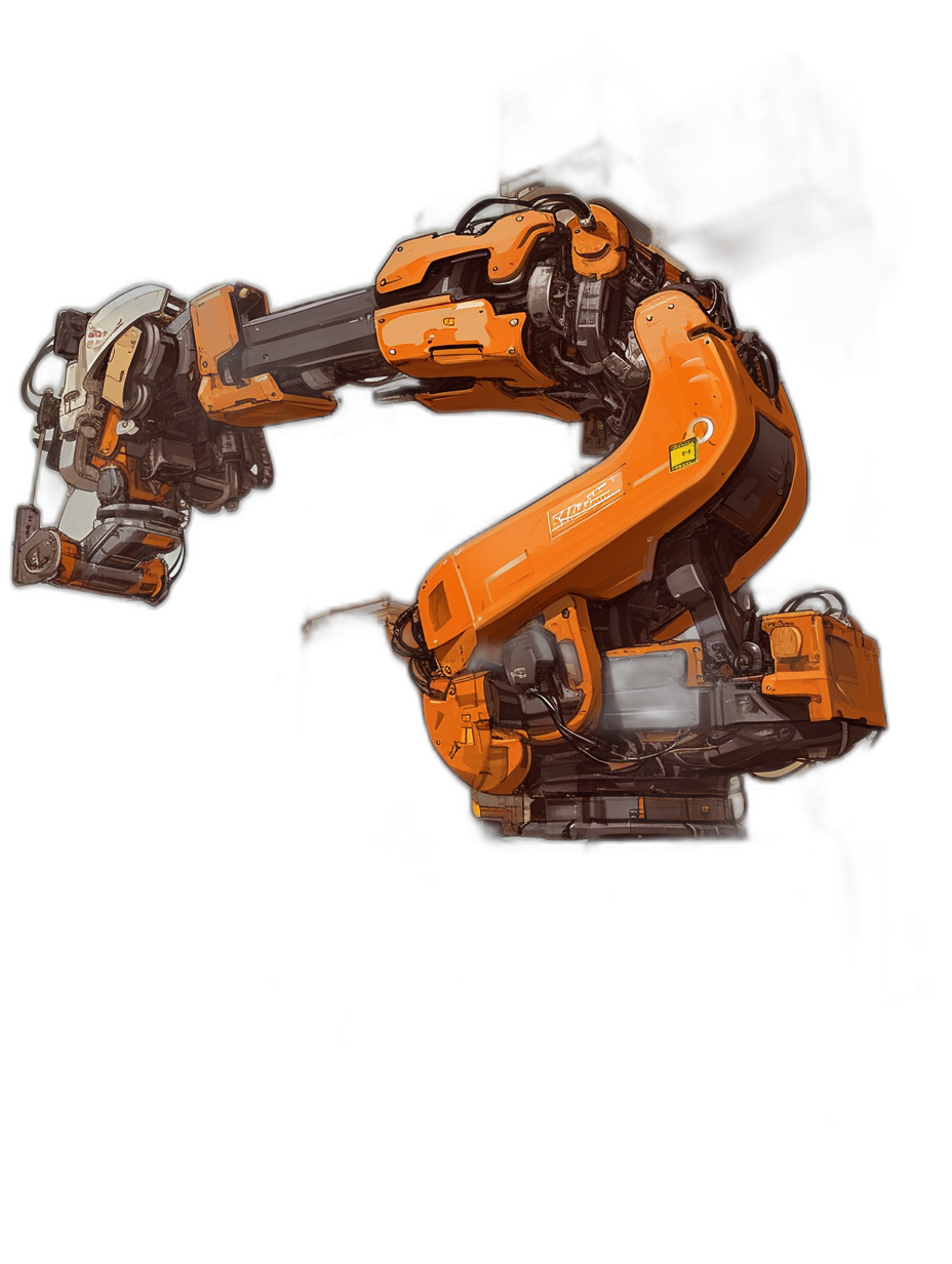 industrial robot arm in orange and black on a dark background, concept art in the style of [Greg Rutkowski](https://goo.gl/search?artist%20Greg%20Rutkowski)