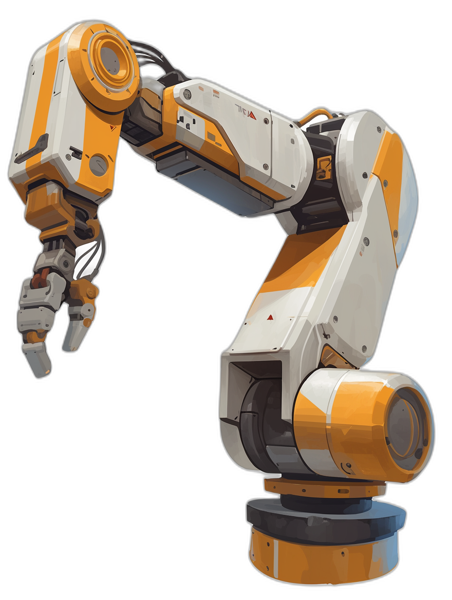 An industrial robot arm in the style of Overwatch character art, white and yellow with orange details on a black background, with a simple design, stylized proportions, and minimalist style. Character concept art in the game asset style.