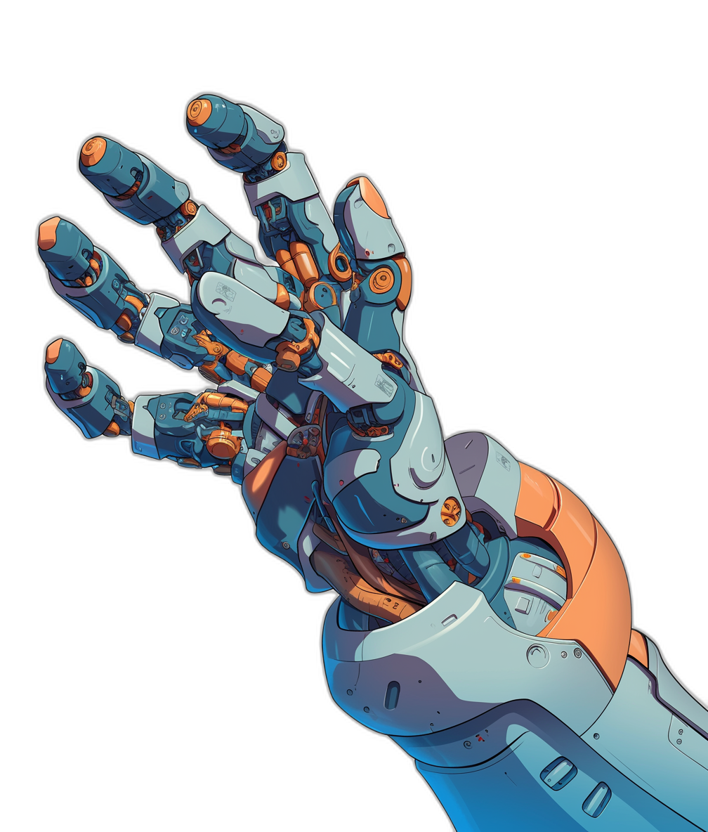 3/4 view, cyberpunk blue and orange hand with bionic parts reaching out to the viewer, in the style of vector on black background