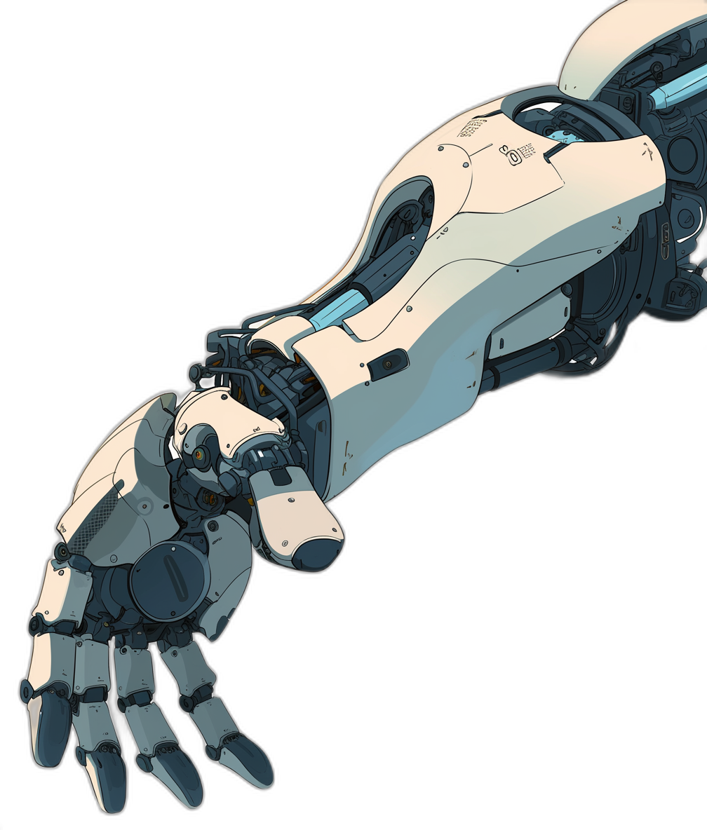 An arm of a robot, white in color with blue details on the hand and finger tips. Isolated against a black background. In the style of anime illustration in the style of [Akihiko Yoshida](https://goo.gl/search?artist%20Akihiko%20Yoshida) from FAM Sergei Parajanov