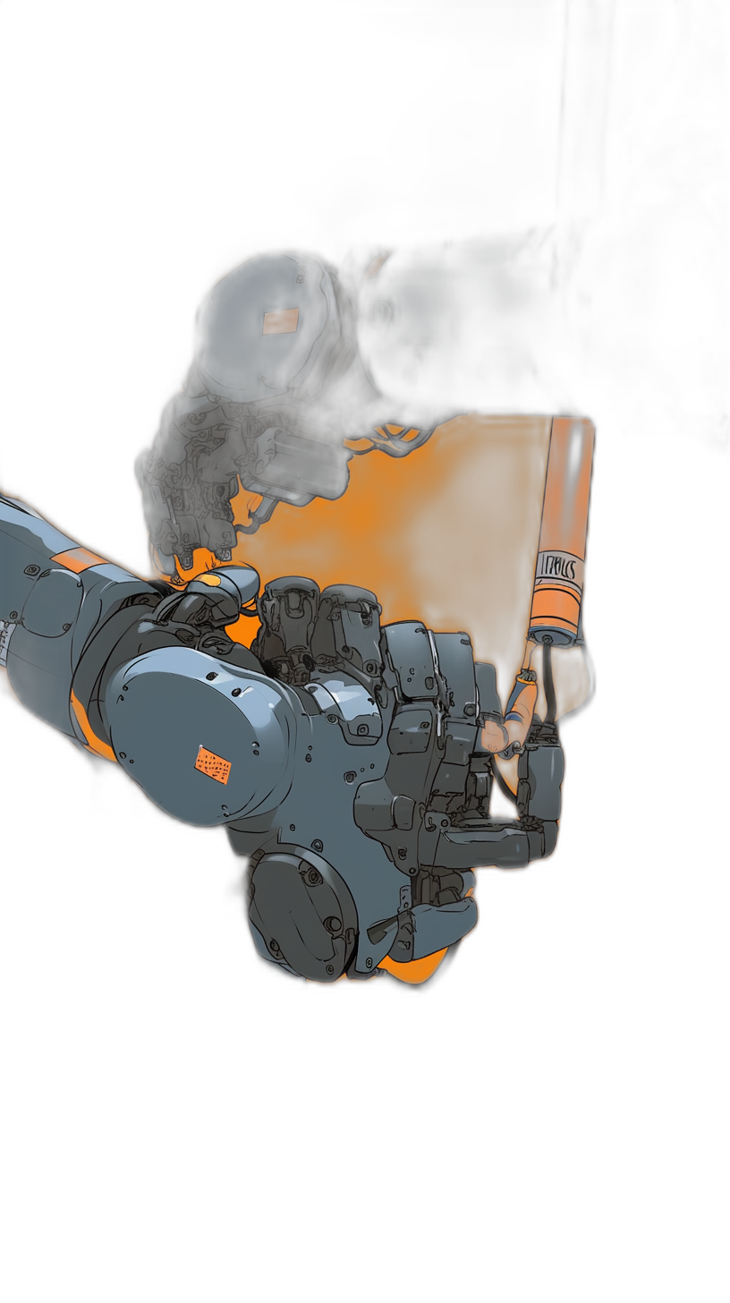 A black background with an orange glow, depicting the arm of an old mecha robot holding out its hand to appear from behind in the style of a cartoon. The robotic wrist is made up of metal plates and has two grayish white panels. A dark grey energy forms on one panel while another silver ring appears around part of it. In front there’s a large tube that glows orange. This artwork creates a strong contrast between lightness and darkness, minimally editing the original text.