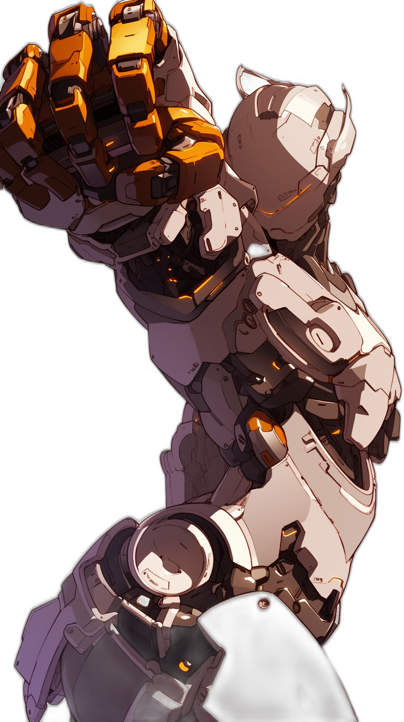 A close up of the fist, white and orange colored mecha suit on top with dark gray background in the style of Japanese anime cartoon. An insanely detailed, full body portrait with studio light, cinematic angle, for game cover artwork illustration.