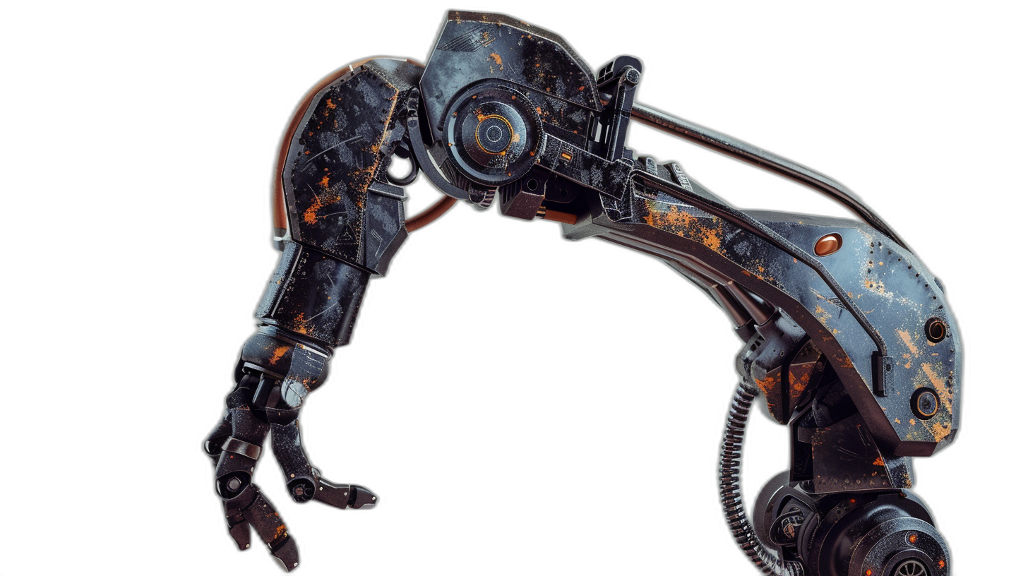 A robot arm in the style of robotic style against a dark background in black and white. The rusty metal surface has dark orange and light gray styles with hard edges and high resolution. It has a complex mechanical design with a metallic texture and rusty look. It is holding the head of an animal in its hand with no hair on its back.