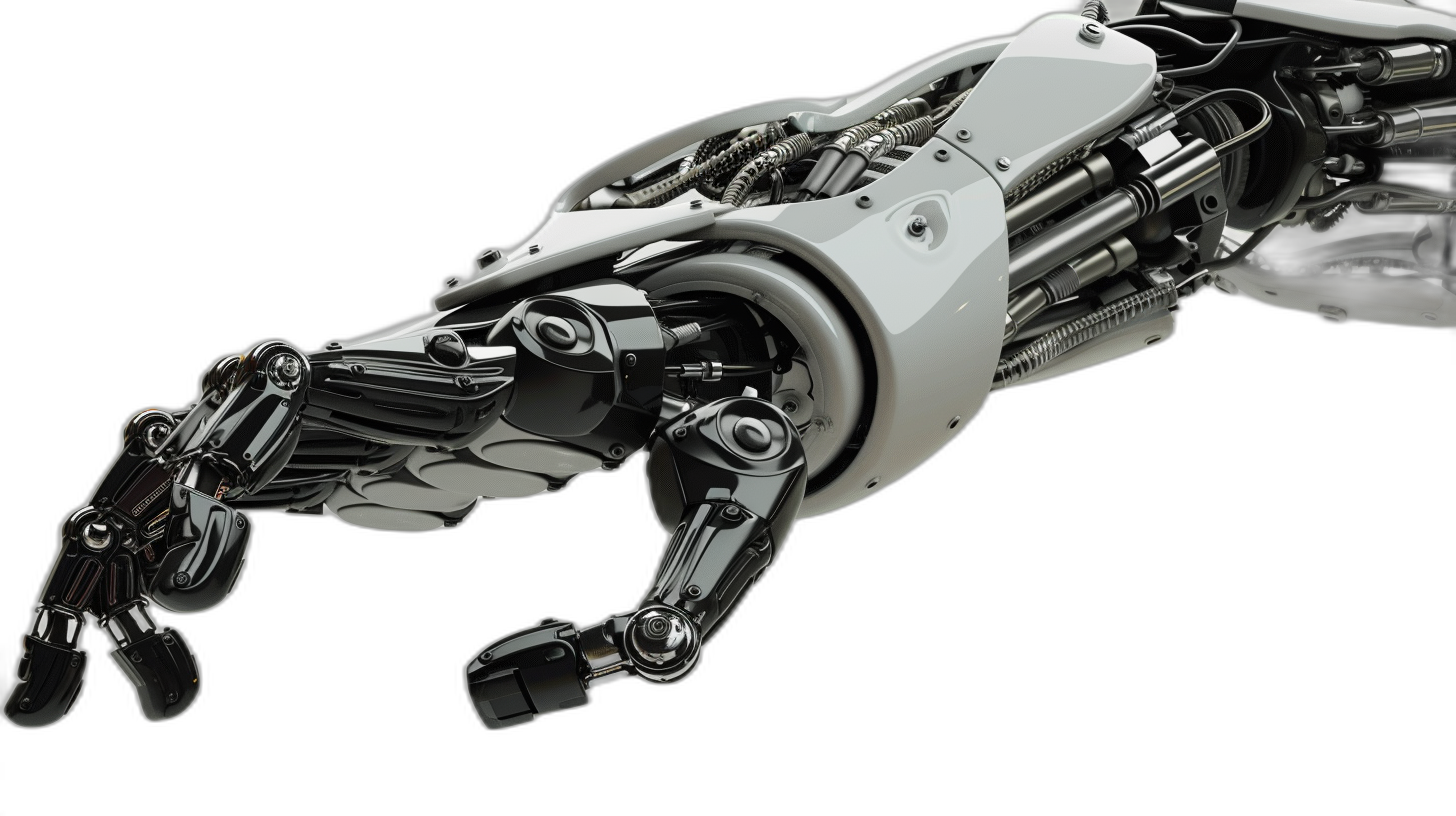 A robotic arm with its hand outstretched against a black background, with a white metal body and silver mechanical parts shown in high resolution with hyper realistic details in a closeup of the entire robot’s palm, rendered in a 3D style with high quality.