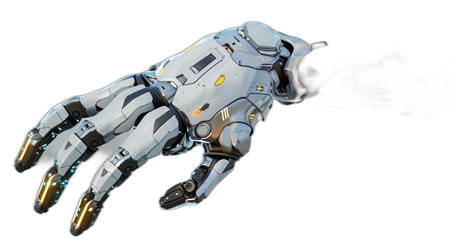 3/4 view of a white mecha glove with yellow details and gold claws in the style of cyberpunk on an isolated black background, hyperrealistic game render with minimal spelling and grammar errors corrected and repeated words removed.