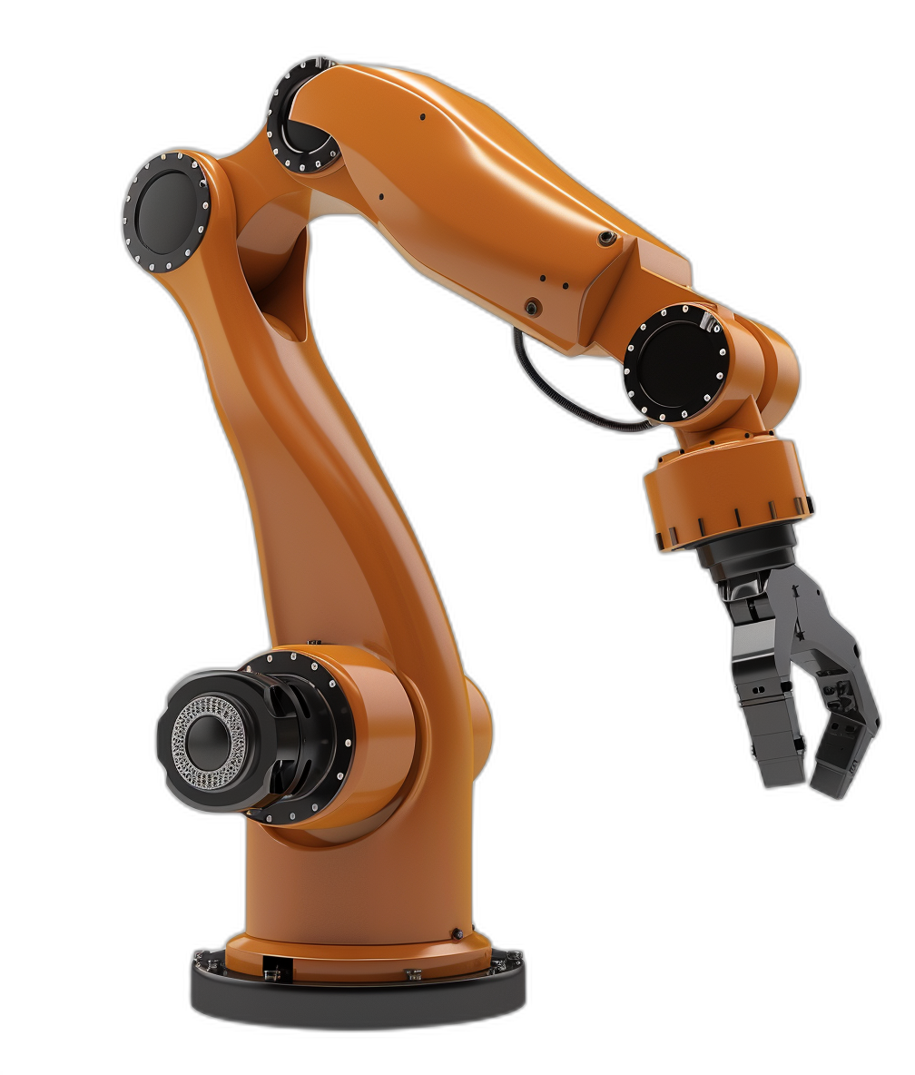 A robotic arm, with an orange body and black background, is used for machine manufacturing., High resolution photography, Realistic details, Hyperrealism, Studio lighting, High detail, High quality