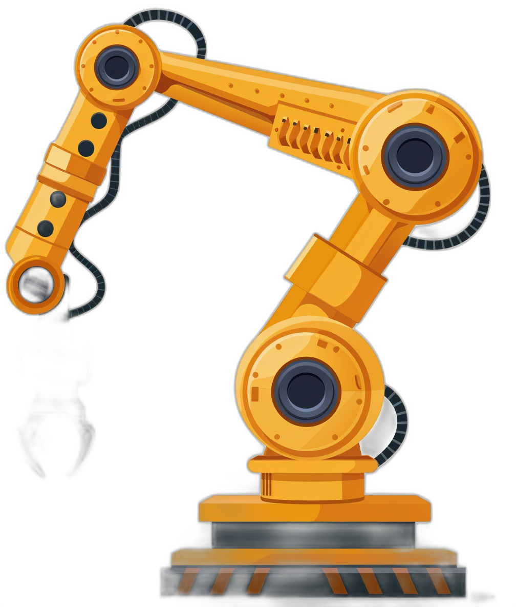 vector illustration of an industrial robot arm, yellow color on black background, clip art style with white borders