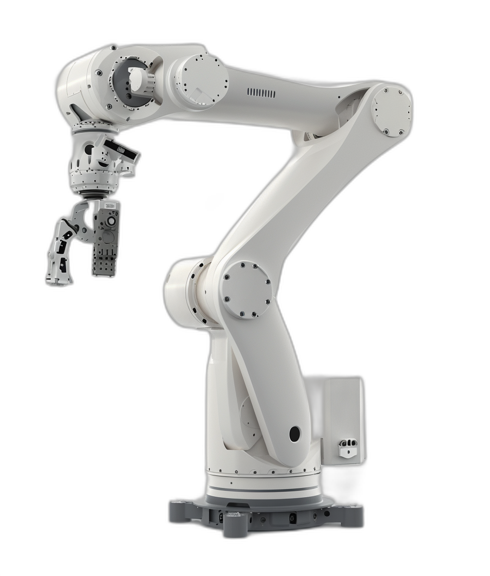 A white robotic arm with a black background, in high resolution, isolated on the left side of the screen, a 3D rendering, in the style of white and grey color palette, photorealistic, with studio lighting, shot from above with a wide angle lens, resembling an industrial design, with industrial robot arms appearing to hold an electronic part in its hand, with an industrial aesthetic, in the style of a white color palette, isolated on a solid background, isolated on a single colored background, isolated on a dark blue background, isolated on a dark gray background.