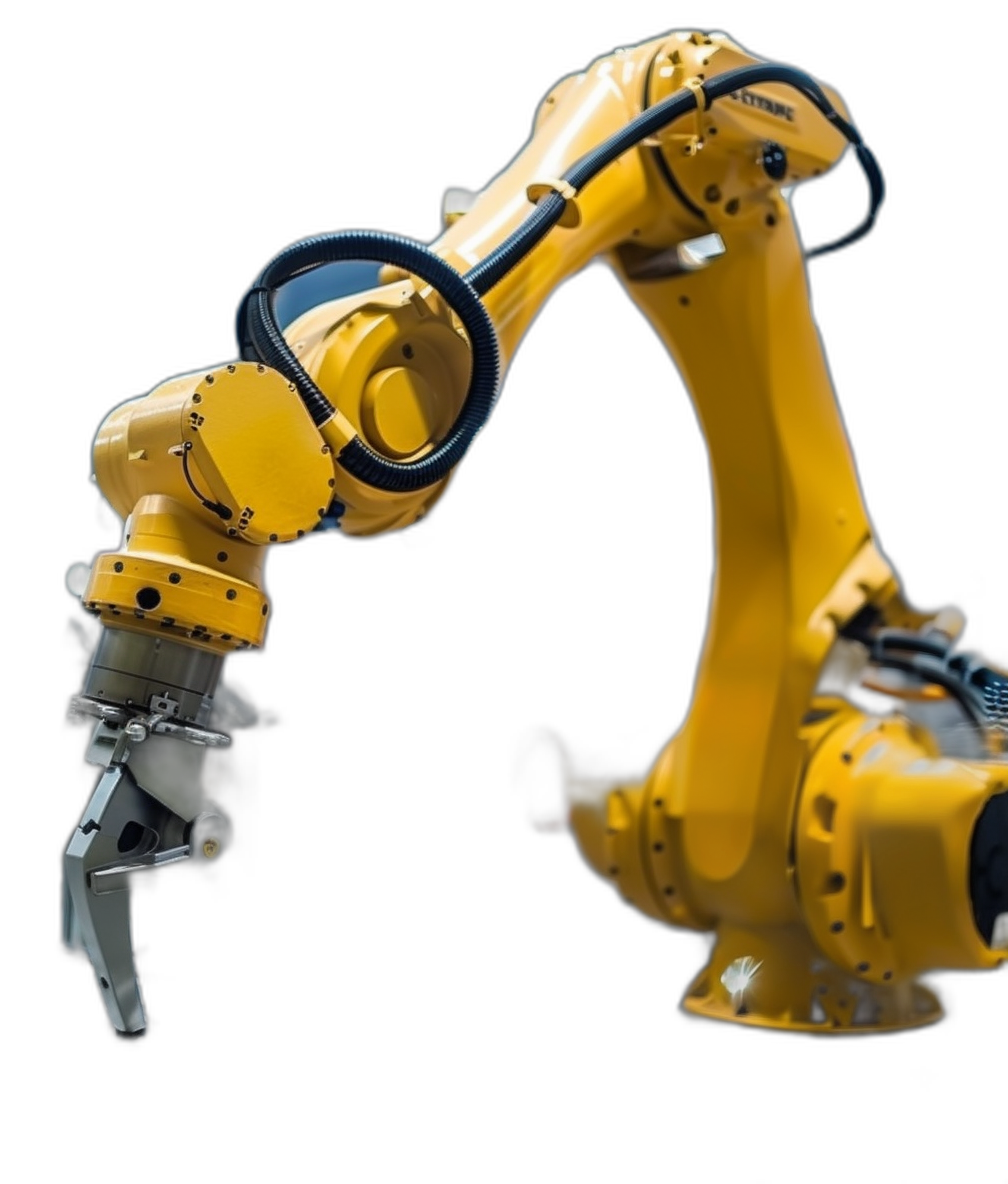 yellow robotic arm holding and picking steel part on black background, isolated, side view