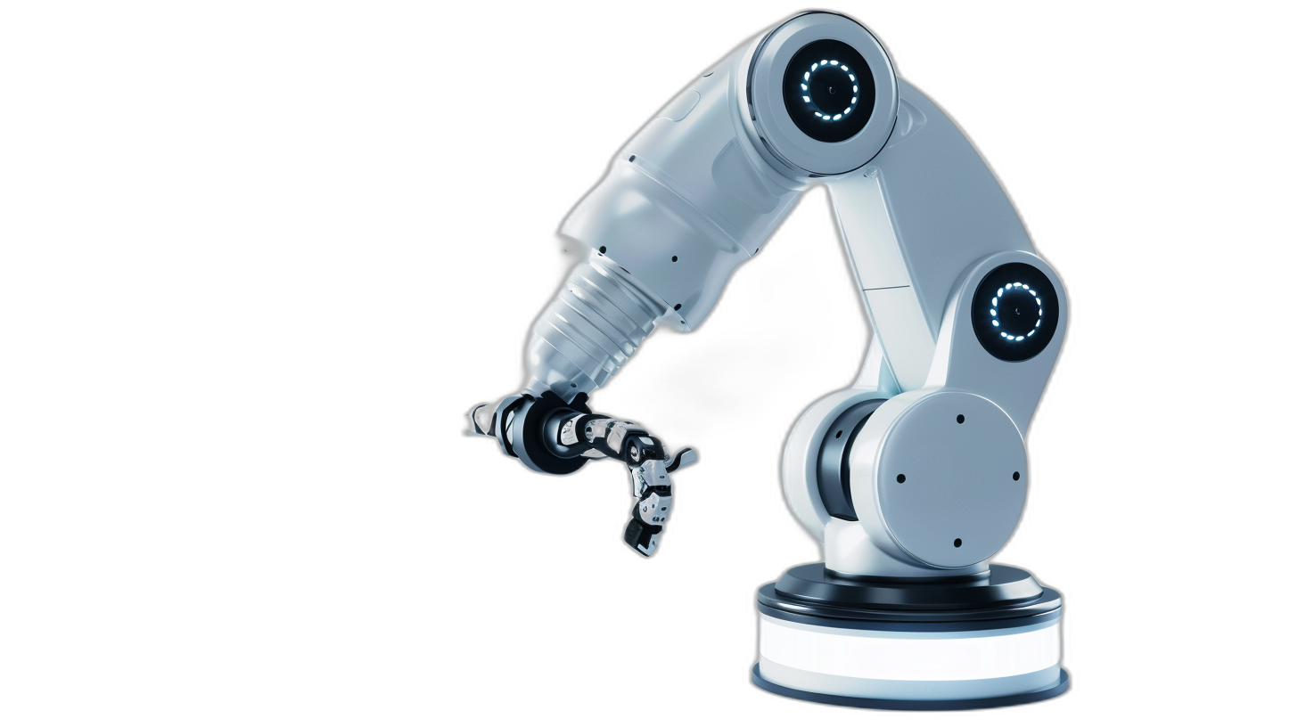 A robotic arm with white and silver color on a black background, with a simple design, and white LED lights for eyes, with high resolution, high quality product photography, and professional studio lighting, with high definition, high detail, and high sharpness, in a hyper realistic style.