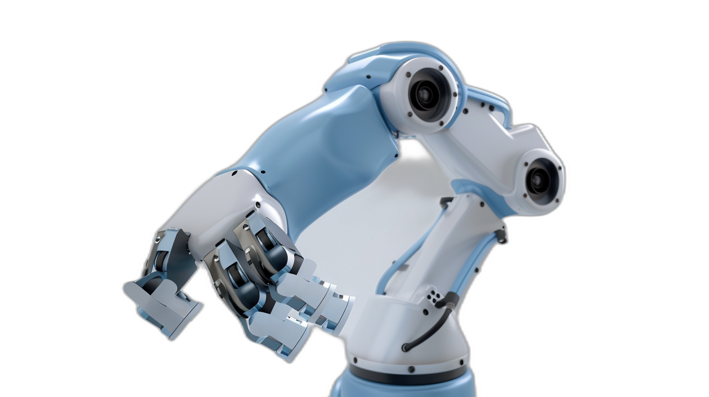 A white and blue robot arm with an open palm against a black background, shot from the side. The image was shot on a Canon EOS R5 at F2 and ISO400. It is a 3D render with studio lighting.