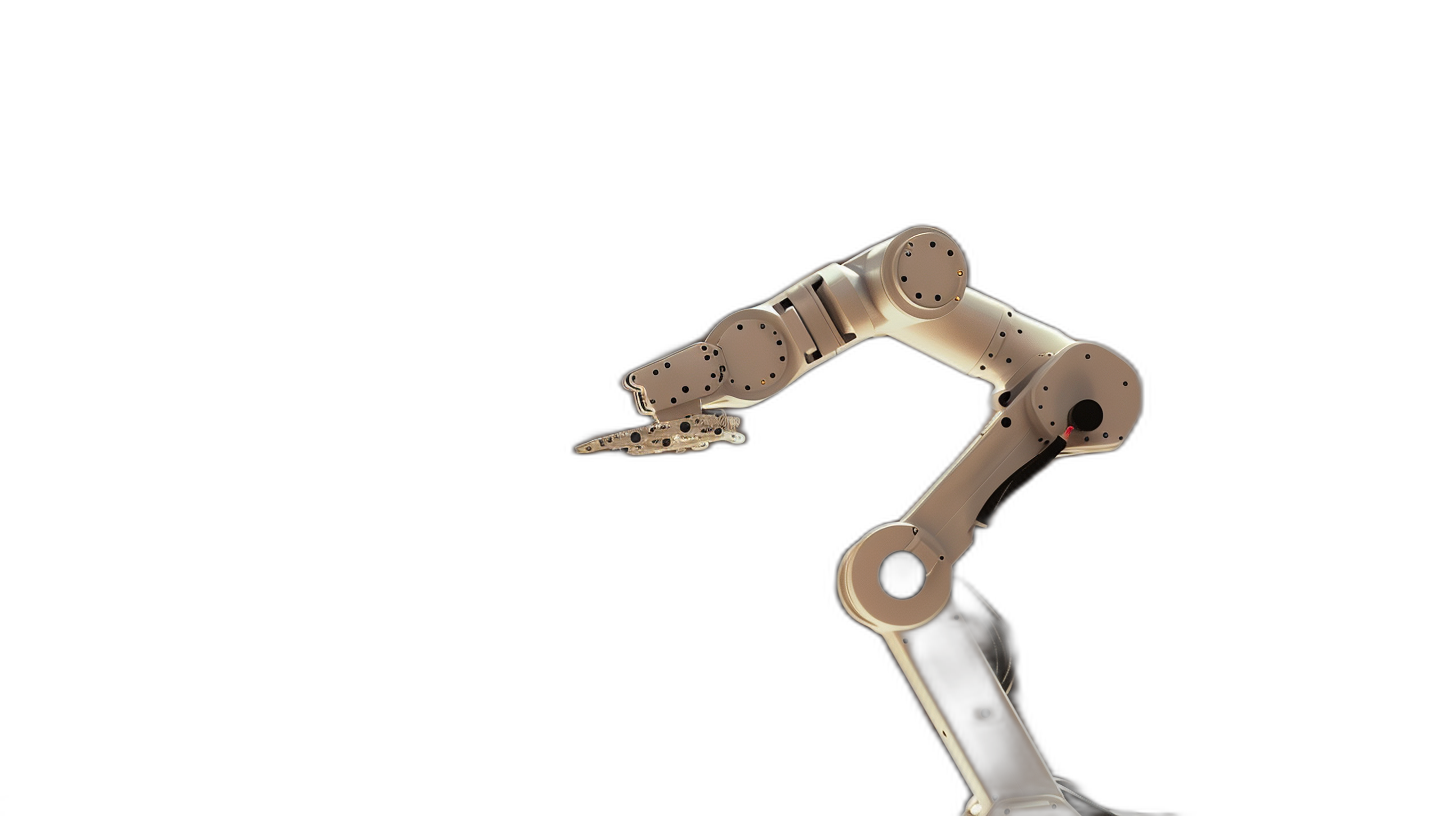 Photo of An industrial robot arm in white on black background, representing the future and technology. The robotic hand is reaching out towards something or trying to reach an object. isolated.