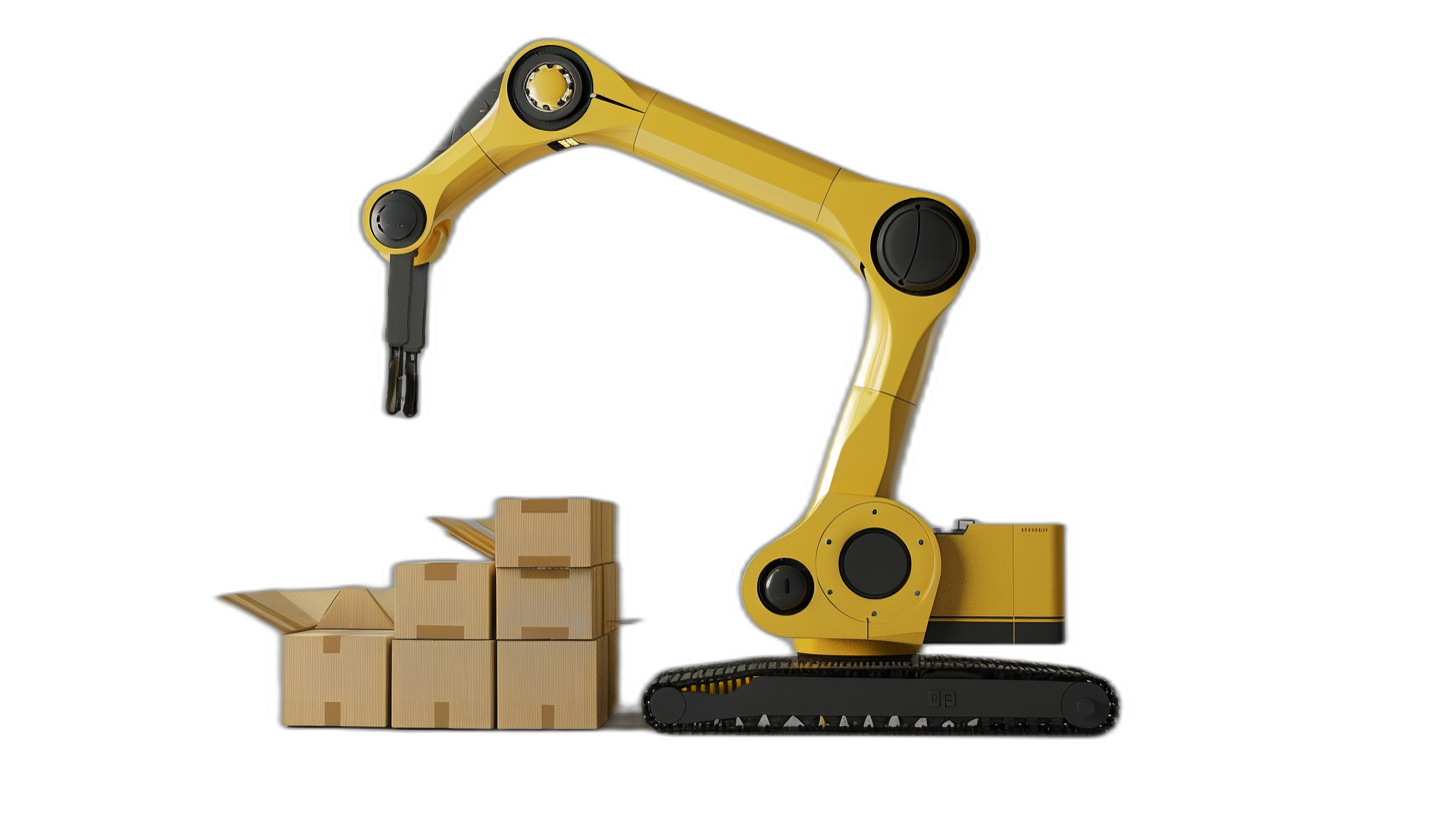 yellow robotic arm with black background, working on cardboard boxes. Isolated 3D render illustration.