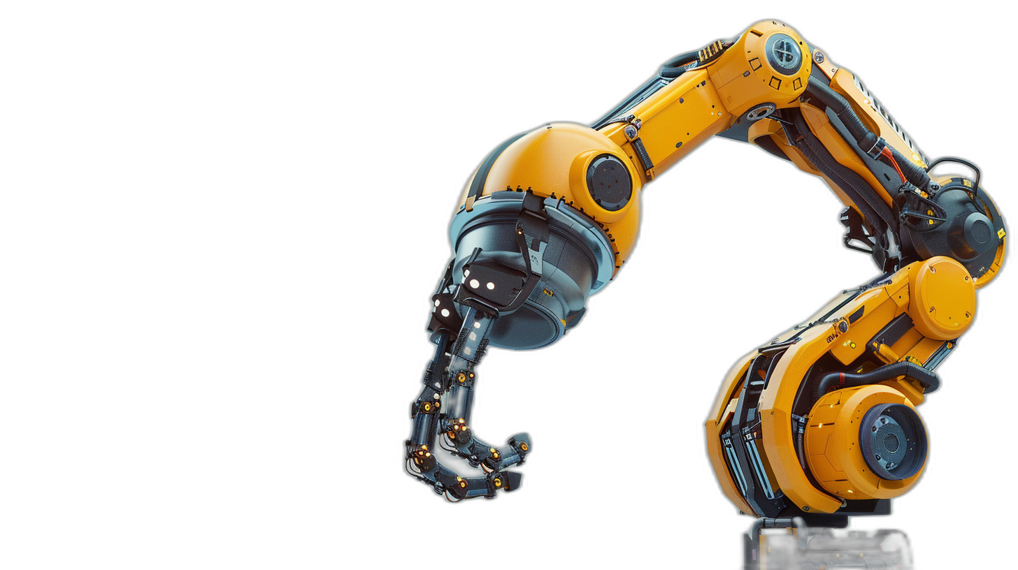 Photo of a robotic arm on a black background, with orange and yellow colors for contrast, isolated on a white background, a detailed illustration in the style of high resolution photography, a stock photo with professional color grading in the style of hyper realistic.