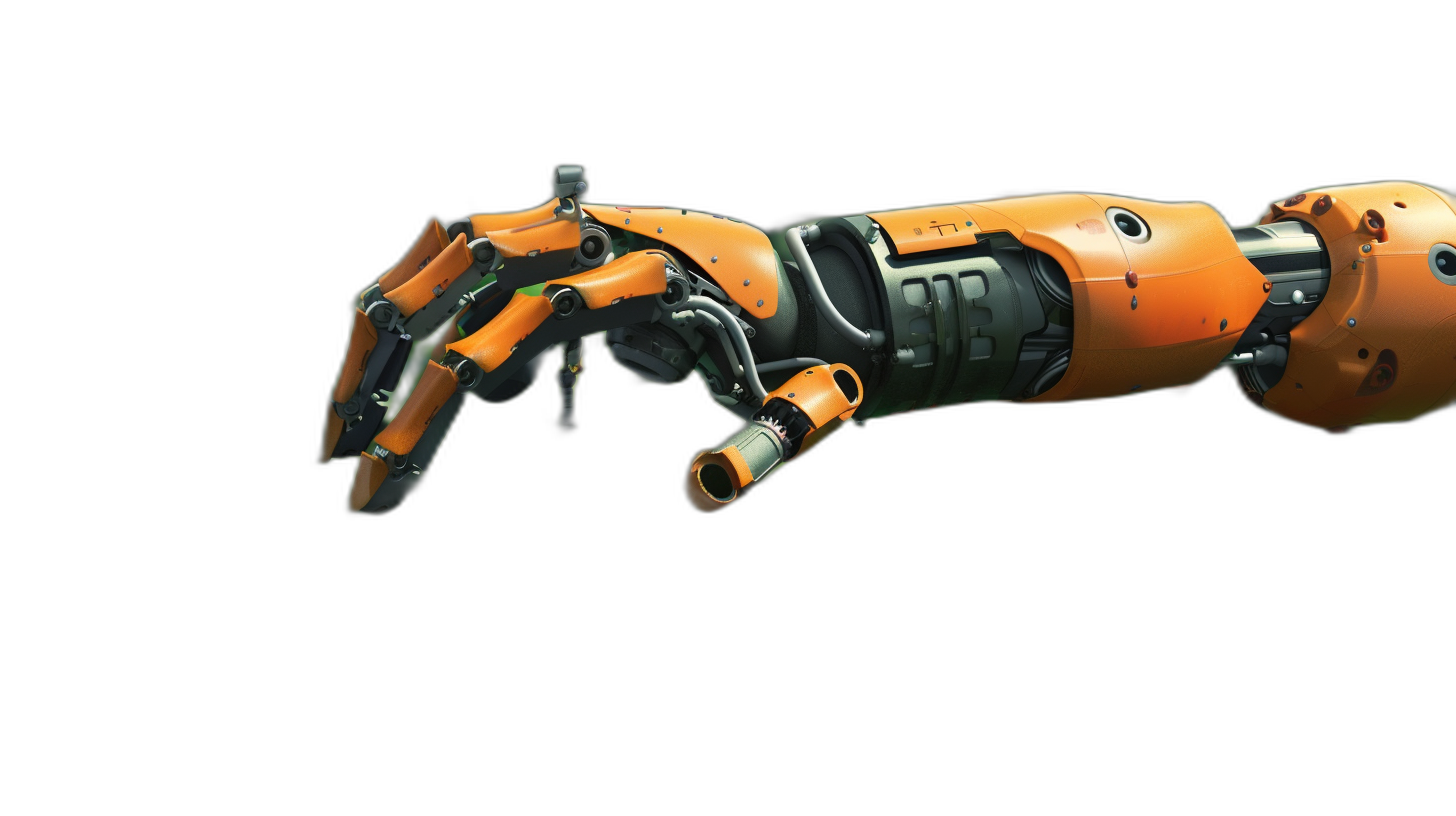 3/4 view of an orange robot arm with a long finger on a black background, in the cyberpunk style, 2D game art, captured with a 50 mm lens on a high resolution digital camera, with rough edges and hard shadows creating contrast between light and dark areas, displaying hyperrealistic detail and the texture of the metal surface, including green details, on a black isolated background from a dynamic angle.