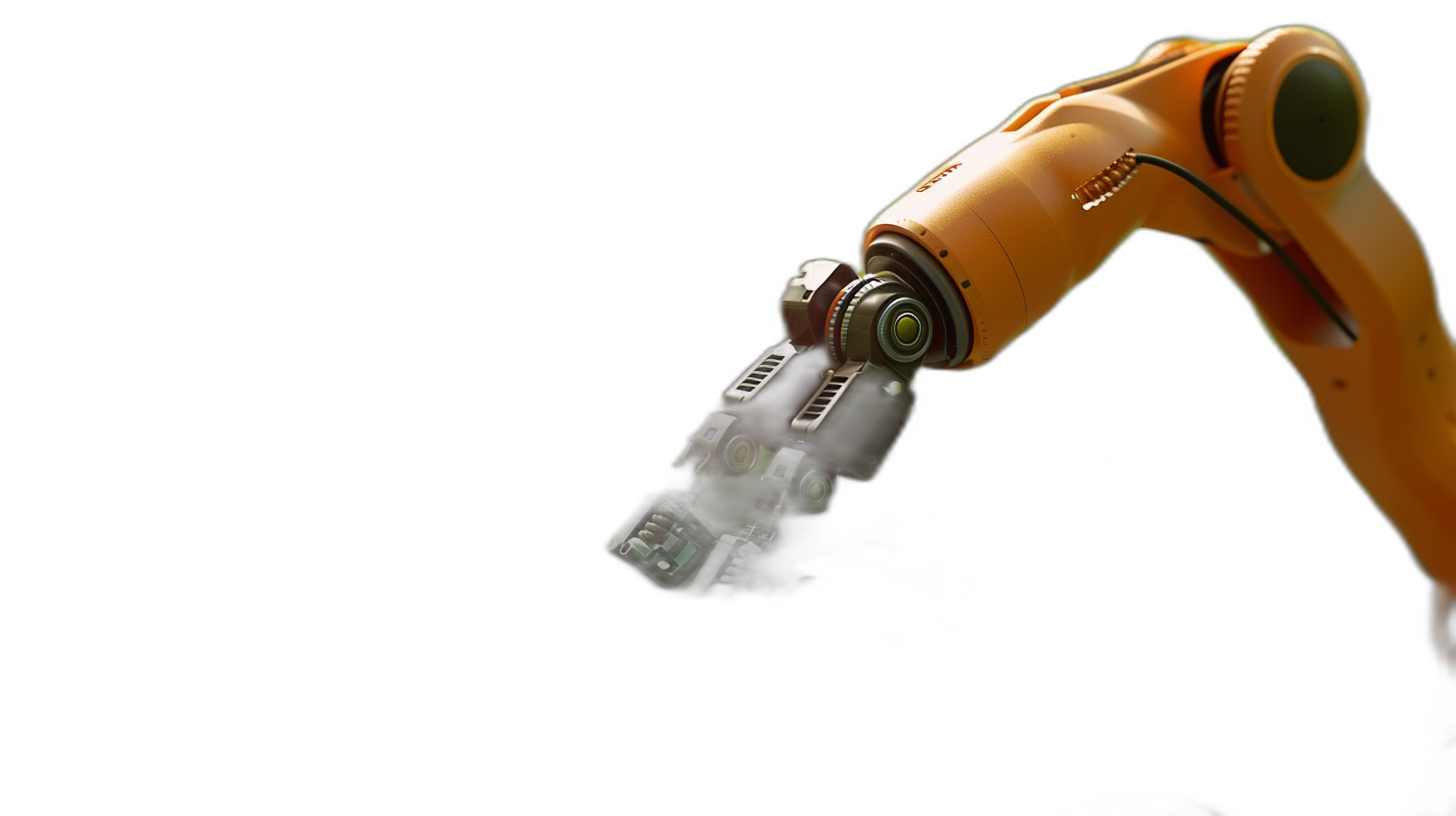 Photo of an orange robotic arm holding an electric button on a black background, taken with a wide angle lens with daylight color grading in orange and green pastel colors against an isolated black background.