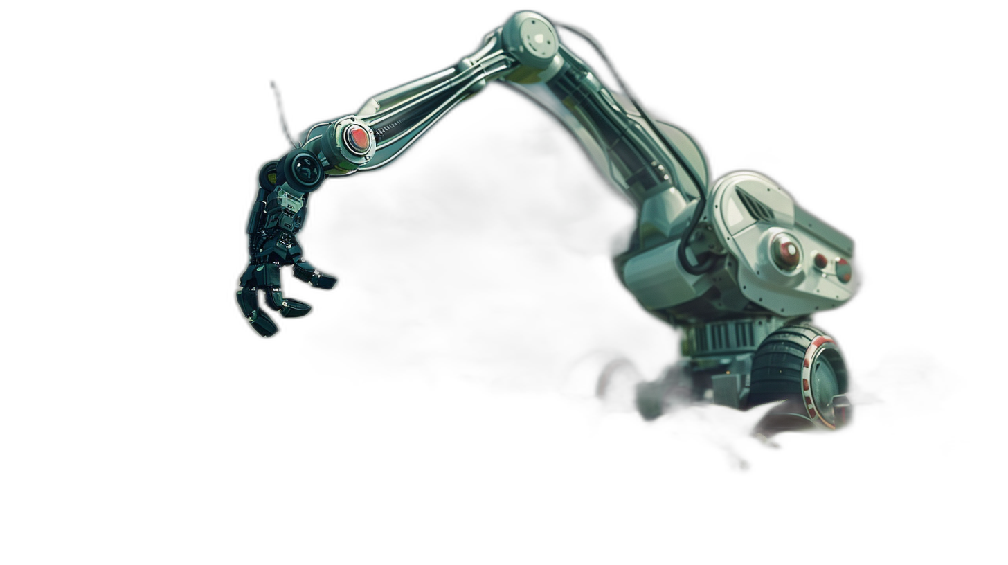 A robotic arm, white and silver colored with red details on the shoulder, hovering in space against a dark background with high resolution, high quality, and high detail cinematic lighting in the style of Maciej Kuciara on a black background from the side view.