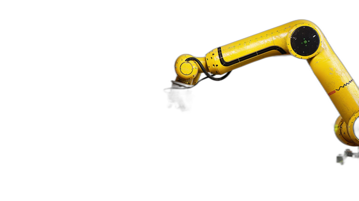 A yellow robotic arm on a black background in a minimalistic style, stock photo with copy space for text at the left side of the screen in the style of photorealism.