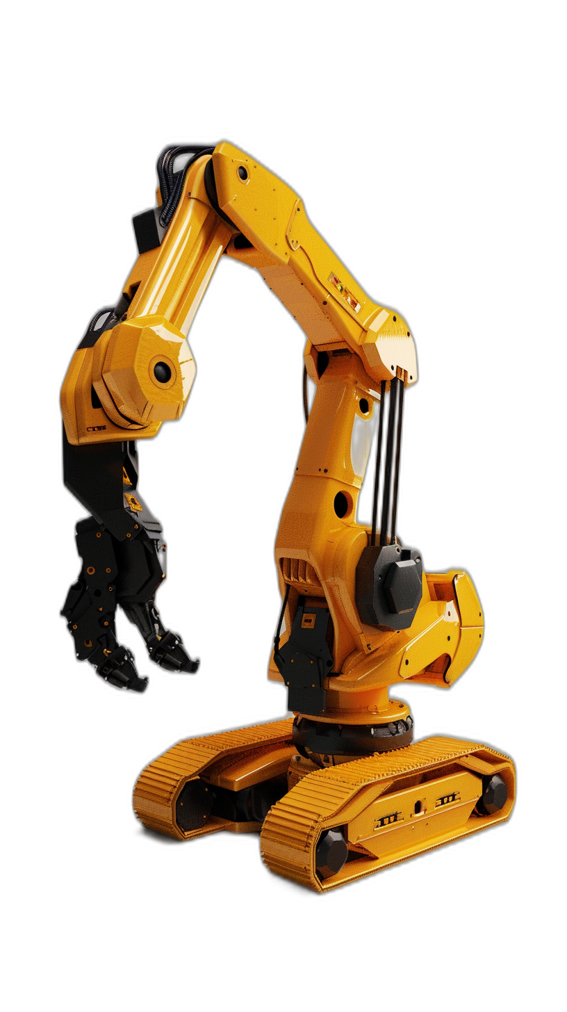 A yellow robotic arm with black accents on its body is mounted to the top of two tracks and holds an electric j hoop in one hand, which can be used for holding parts or materials during quality control inside a factory isolated against a solid color background. Black background. Photorealistic rendering. Studio lighting. Fulllength portrait.