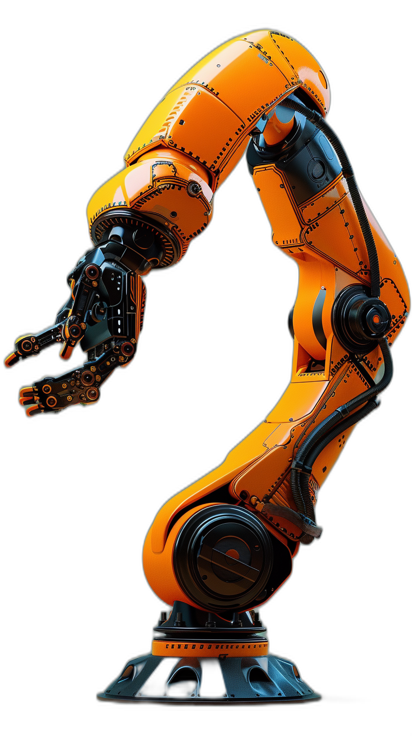 A robotic arm with an orange and black color scheme in high detail in the style of hyper realistic product photography against a black background with mechanical precision in a dynamic pose at high resolution.