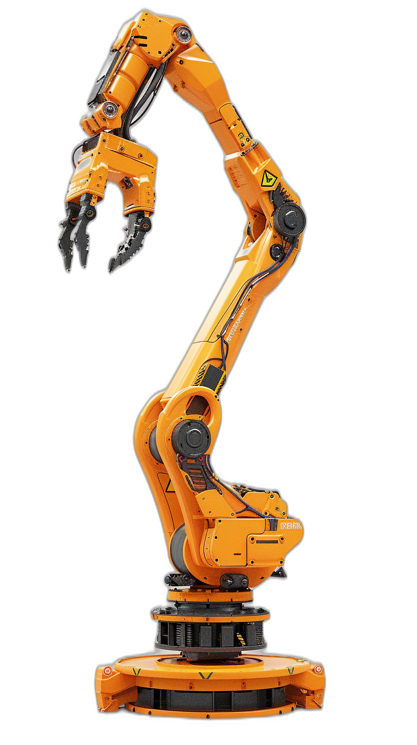 A high resolution photorealistic image of an industrial robot arm on a black background. The robotic arm is orange and has four limbs, each with two fingers. It is positioned on the right side of the picture in profile view. Use soft lighting to highlight its sleek design and sharp edges.